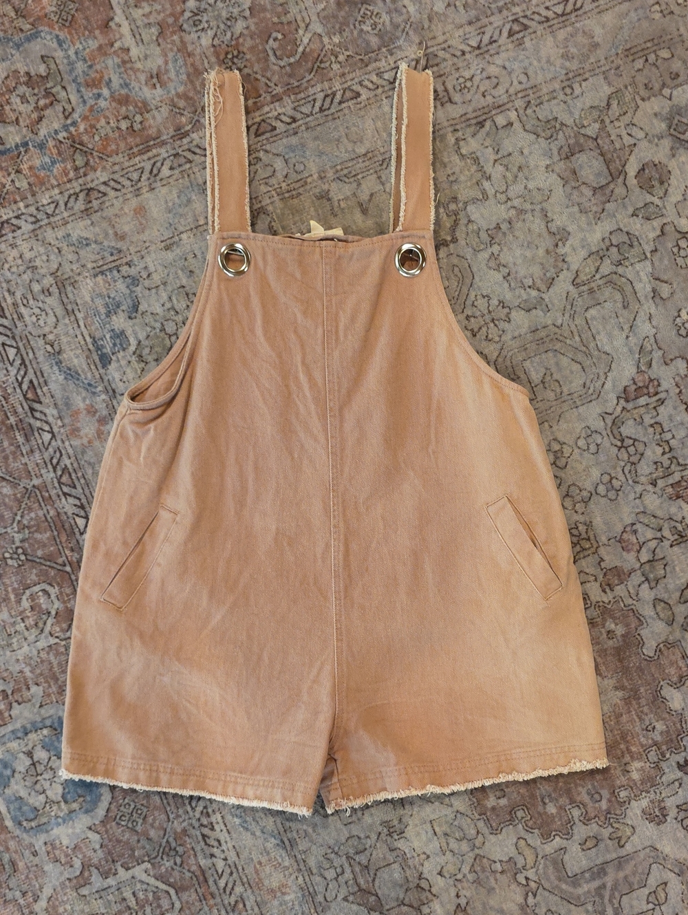 Peach Love California Tan Cotton Short Overalls Romper